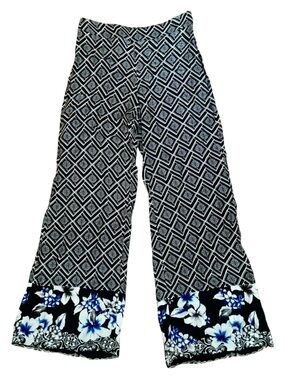White House Black Market Wide Leg Palazzo Pants Black White Blue Floral Border 4